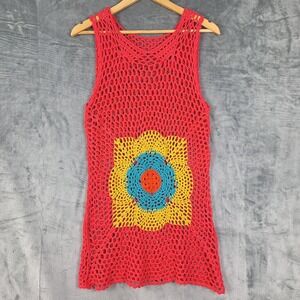 Womens Dress Small Boho Crochet Knit Grandma Square Festival Mini Sheer Hippie